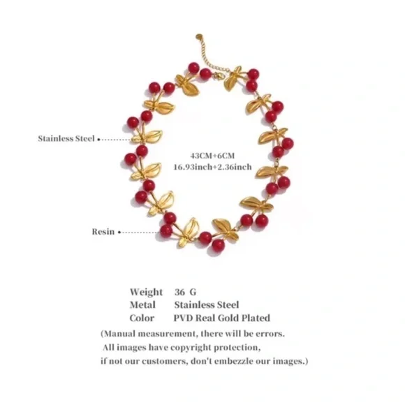 Cherry Design Gold and Red Beaded Stainless Steel Necklace - Picture 10 of 11